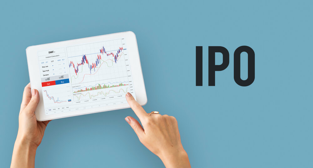 Stock exchange financial graph and IPO concepts on a plain background