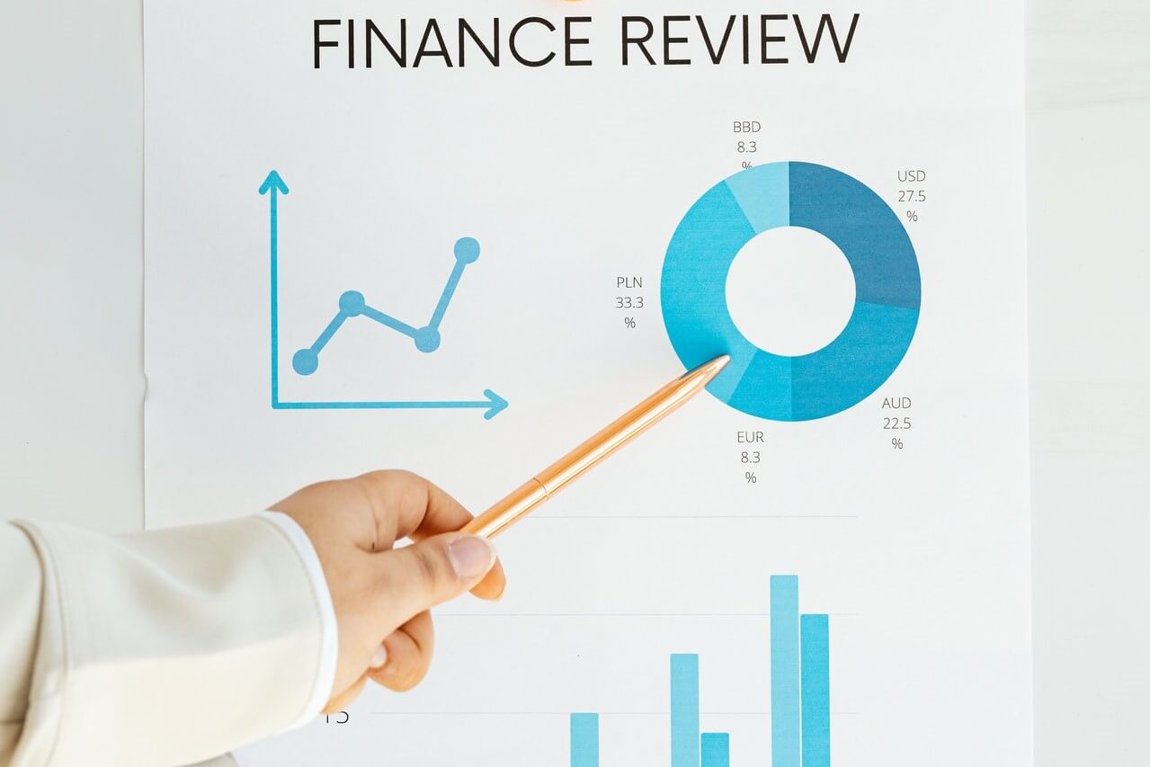 Person doing financial review with graphs and charts