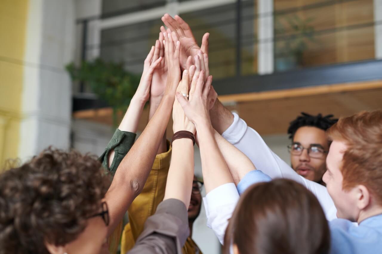 An-office-team-having-a-group-handshake