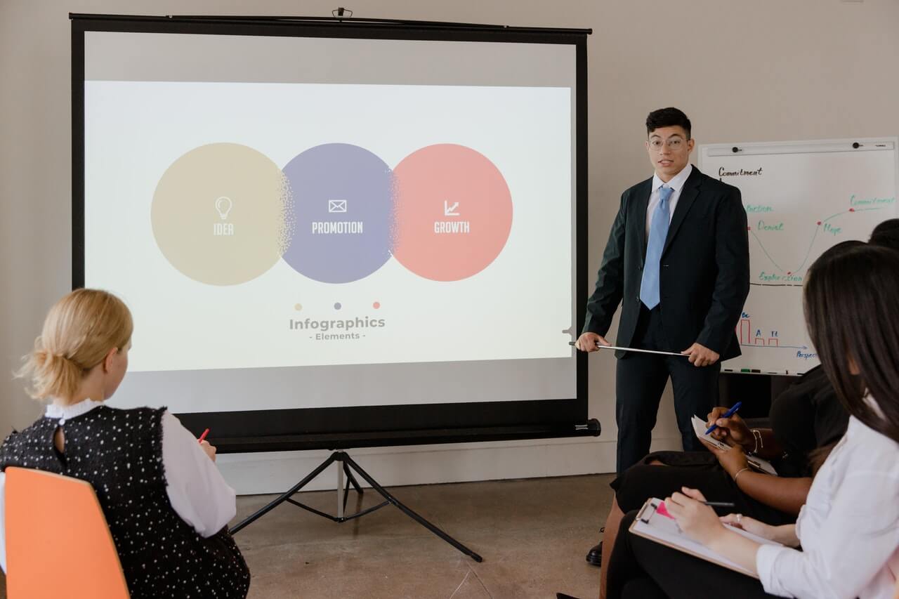 Man on suit presenting near a projected screen