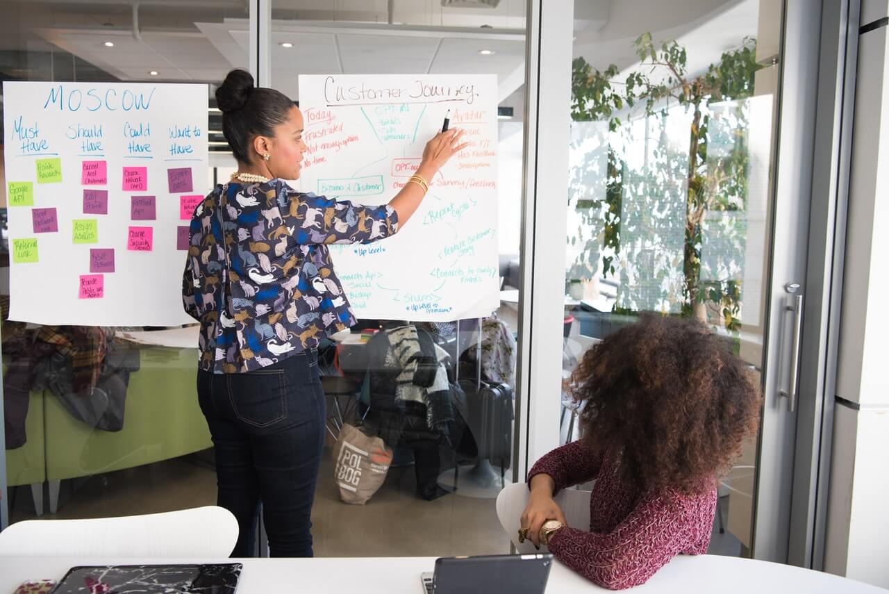 Woman having a presentation while pointing at the board in an office