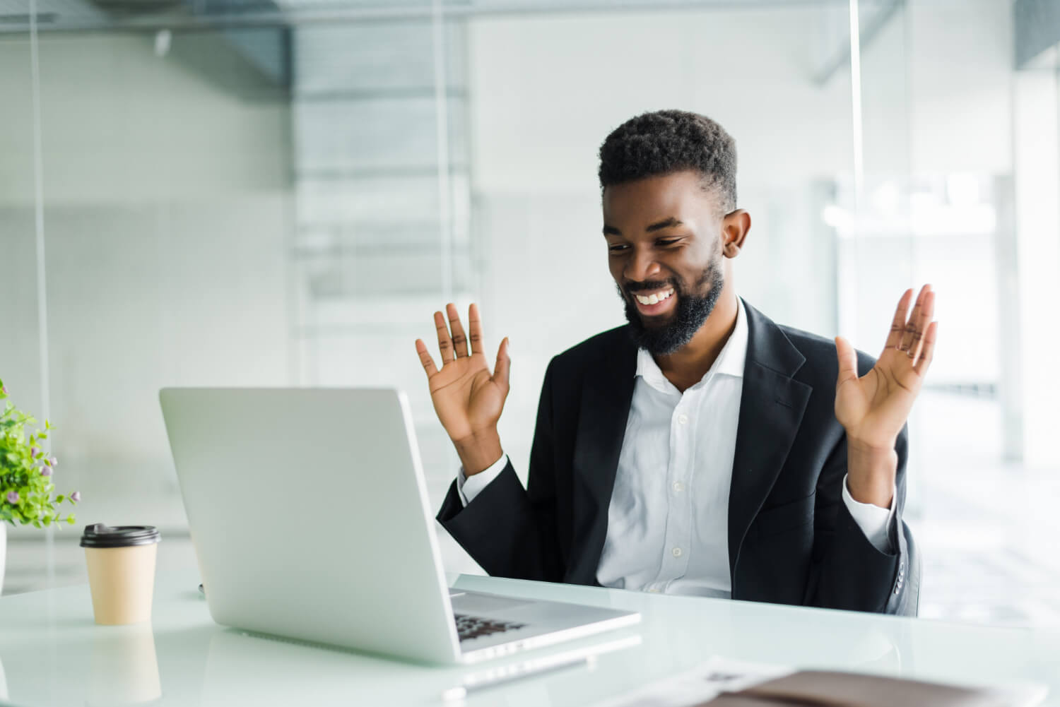 Young business man having a video call meeting