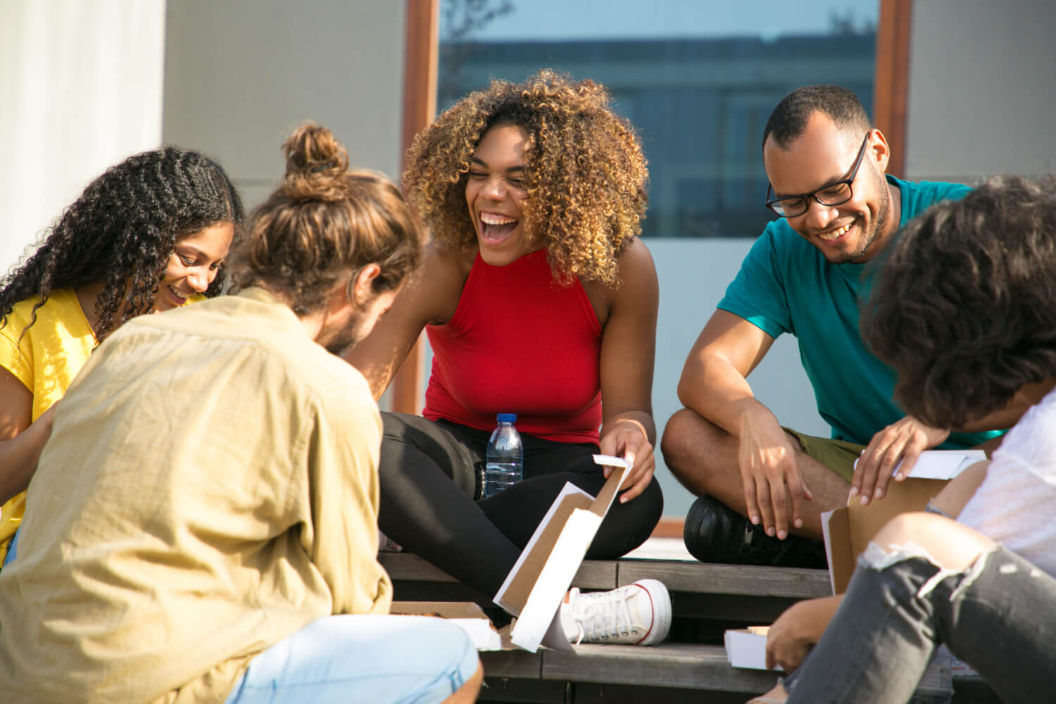 Friends laughing and talking together