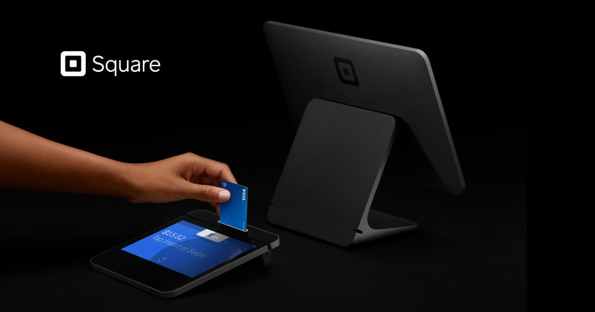 Square POS hardware on a black background