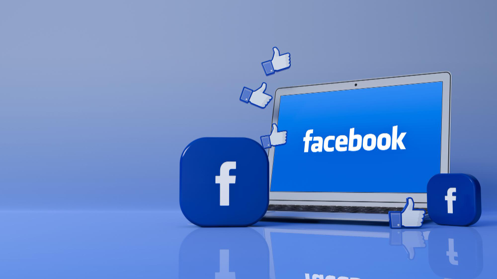 3D rendering of a laptop screen displaying the Facebook logo with two FB badges besides it